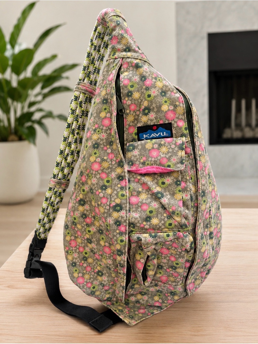 Kavu Floral Sling Backpack in Pink and Green
